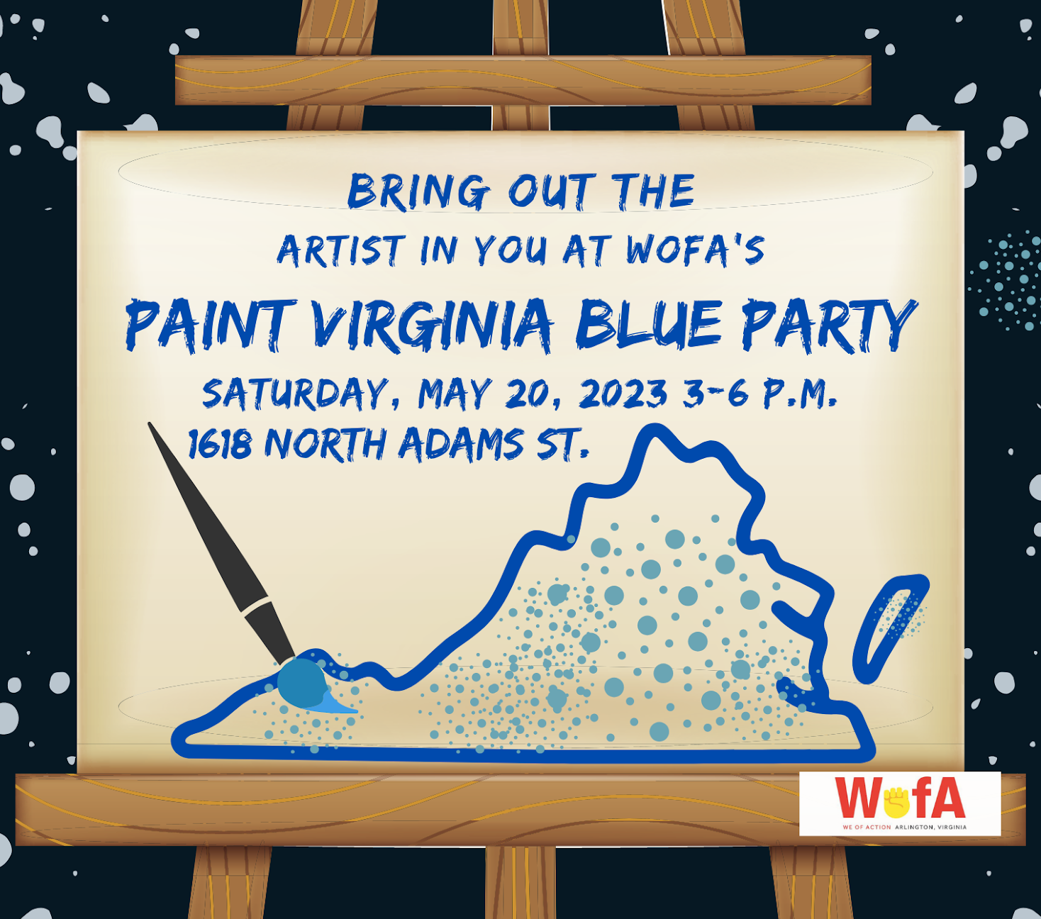 Paint VA Blue Social sign on an easel